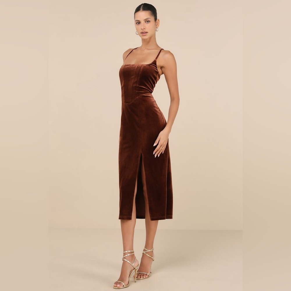 Lulu's Rich Brown Velvet Midi Dress
